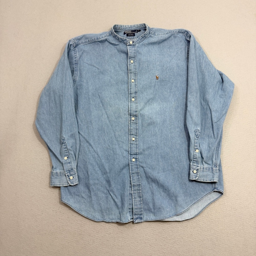 Vintage Polo Ralph Lauren Denim Shirt Large Postboy Banded Collar Long Sleeve